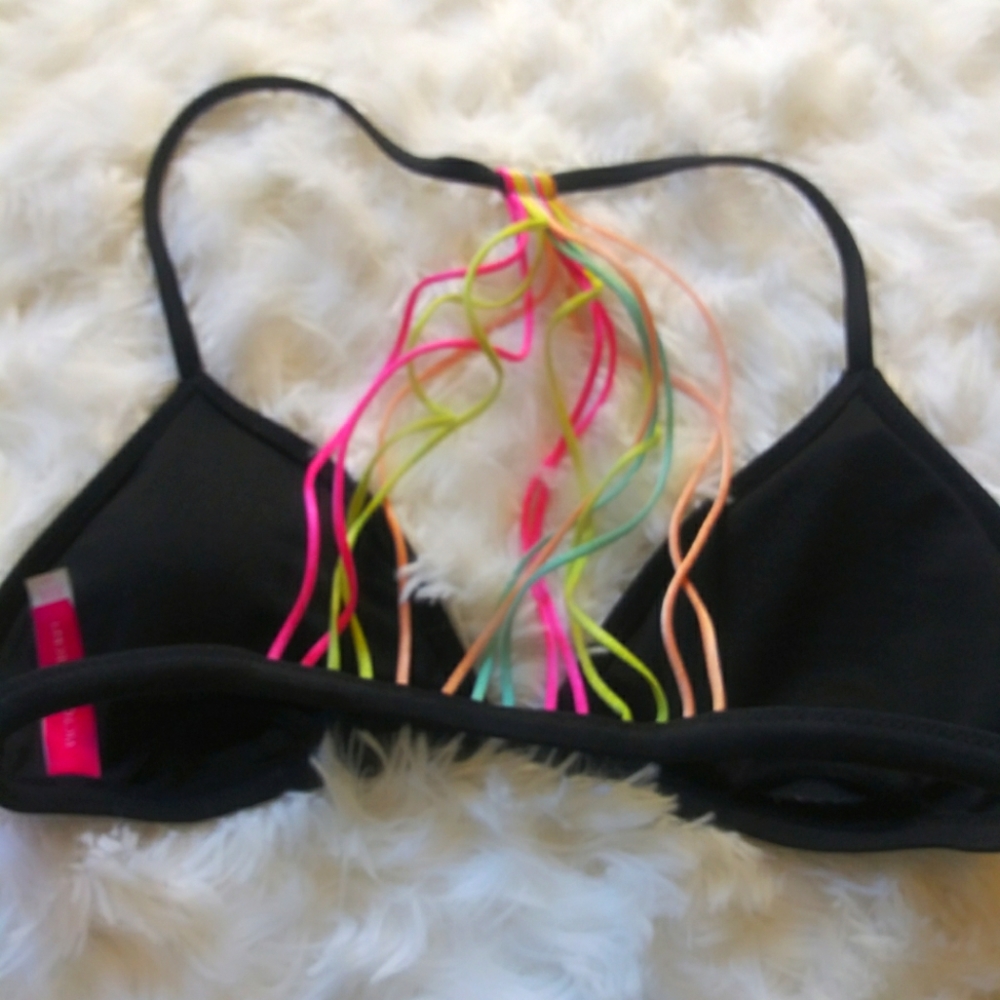 Victoria Secret Black Bikini Top Padded Neon Straps Racerback Size Small